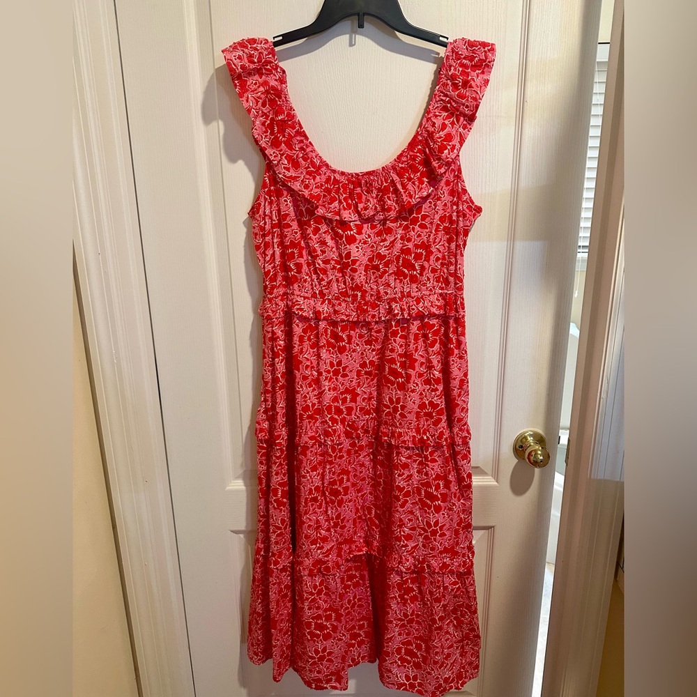NWT J.Crew Factory Size 14 Red and Pink Printed Ruffle Midi Dress